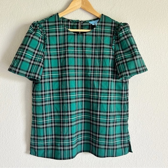 Draper James Angie Puff Sleeve Top Green Plaid Check Size 4 (S) - Picture 1 of 8